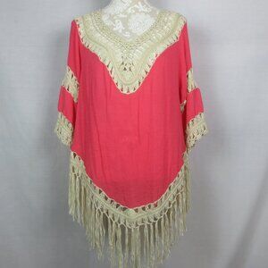 NEW Lady's World Tunic Coral Cream Gauzy Flowy Boho Crochet Fringe Plus Size XXL